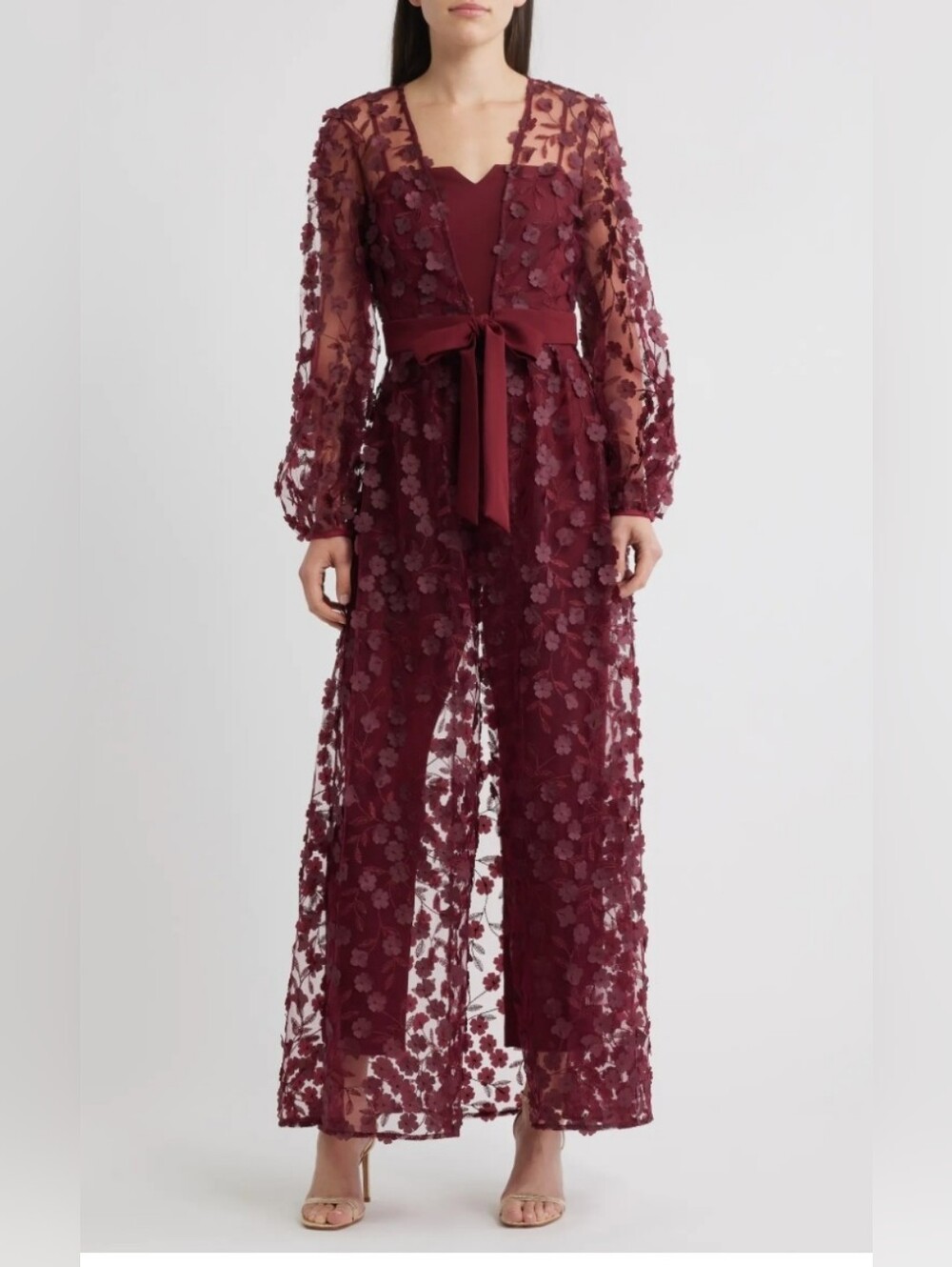 Sheer Floral Lace Wide-Leg Jumpsuit in Burgundy